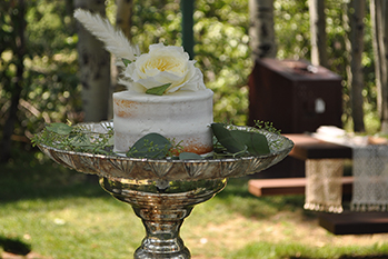 cake with flower topper at Aspen Grove wedding in Incline Village