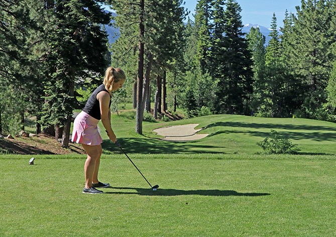 ashley wood prepares for a tee shot at the incline village mountain course in north lake tahoe