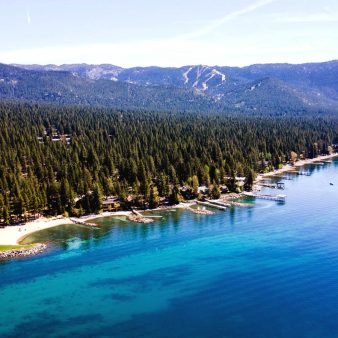 drone shot of incline beaches and lake tahoe