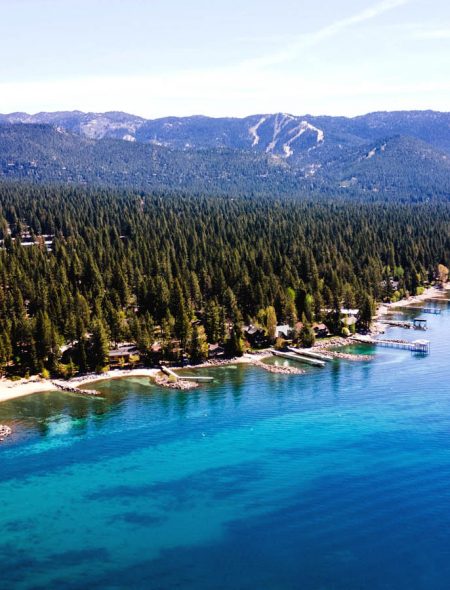 drone shot of incline beaches and lake tahoe