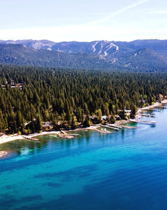 drone shot of incline beaches and lake tahoe