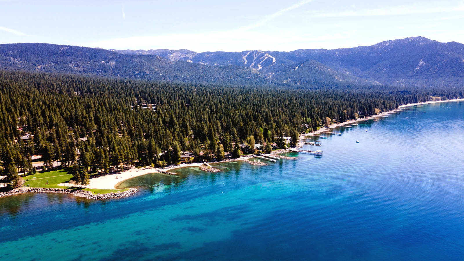 drone shot of incline beaches and lake tahoe