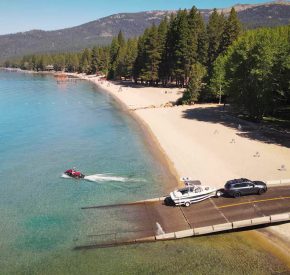 boat launching from ski beach