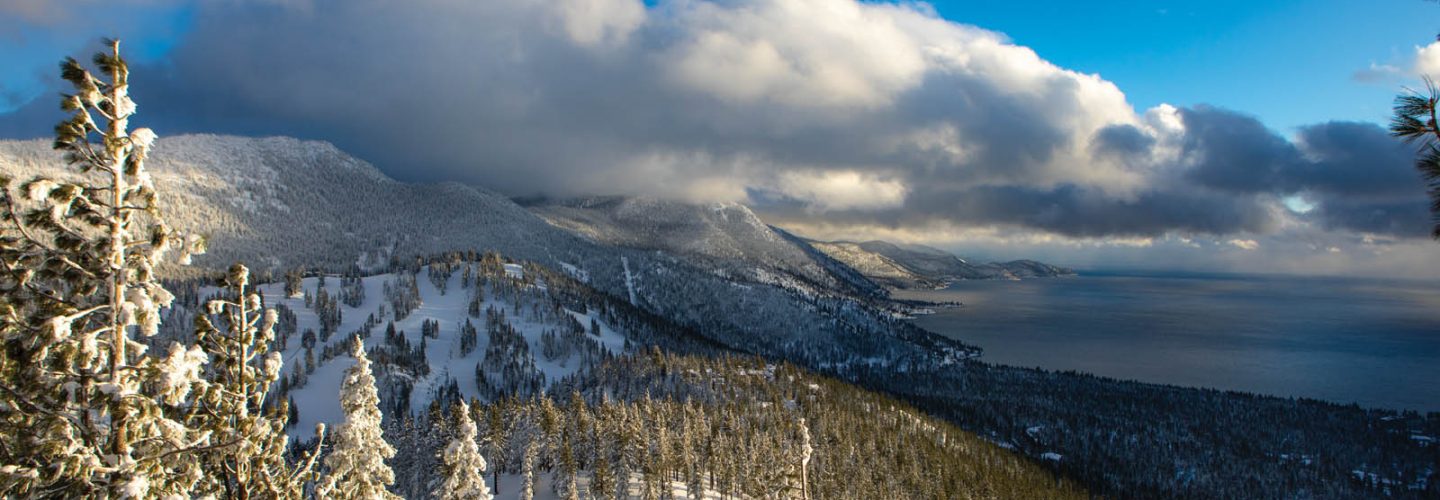 scenic winter photo of lake and diamond peak