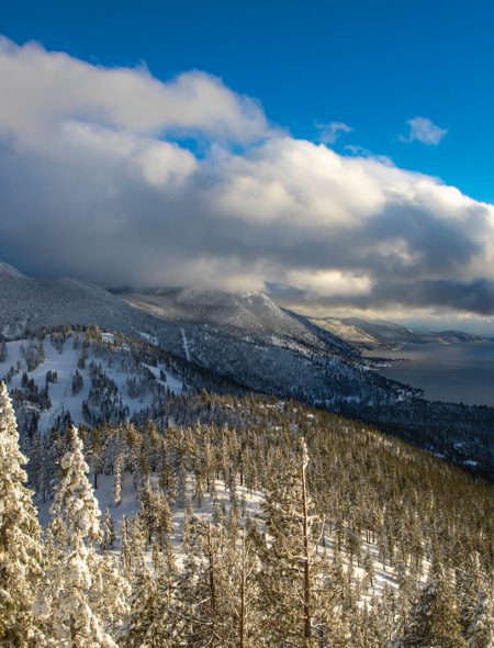 scenic winter photo of lake and diamond peak