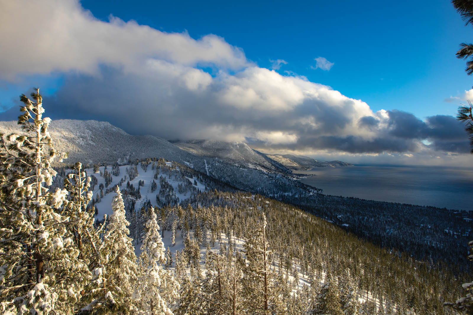 scenic winter photo of lake and diamond peak