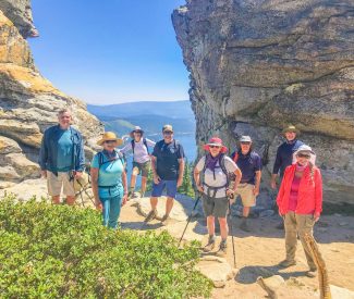 seniors on a hike with lake tahoe views