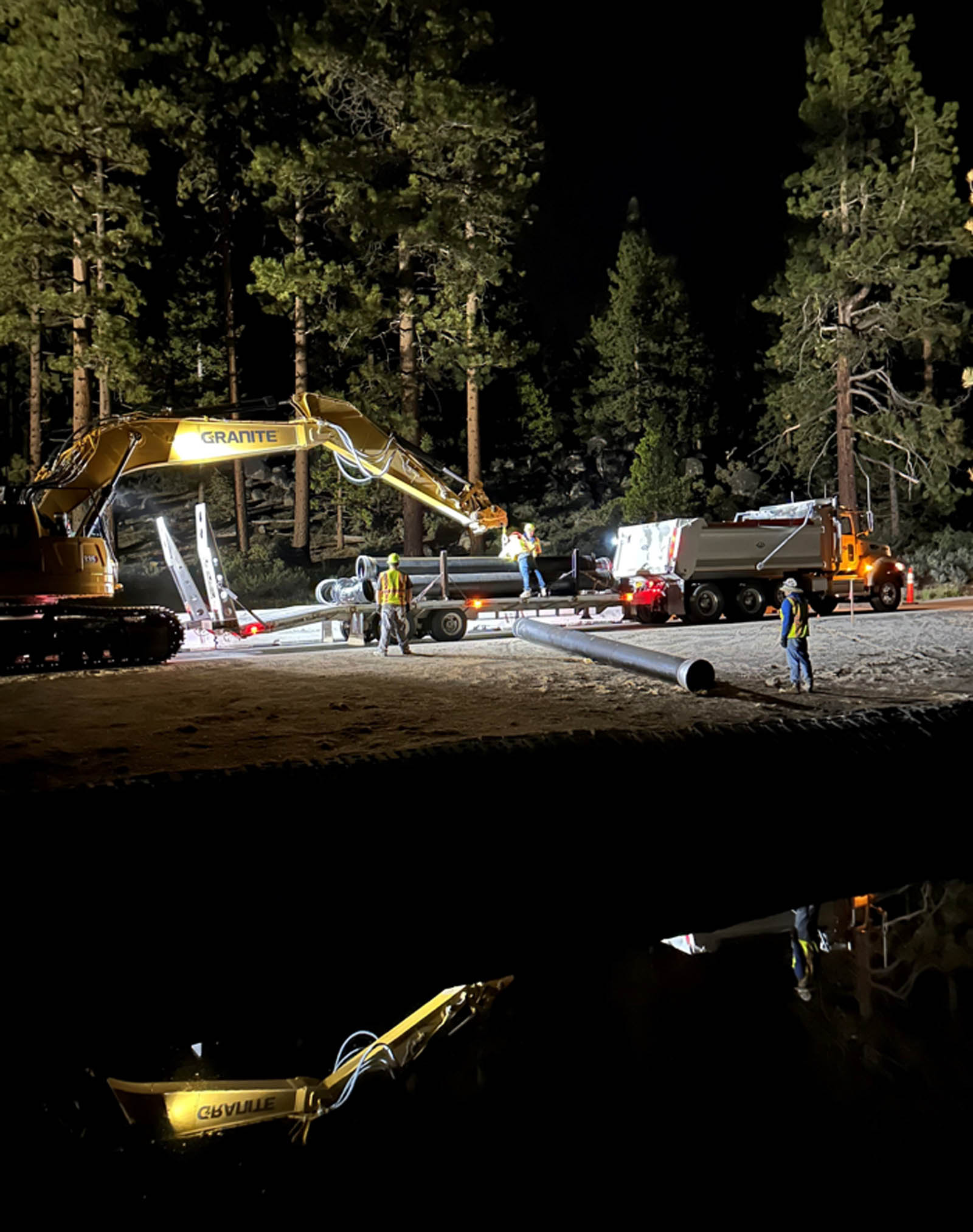 pipeline workers at night
