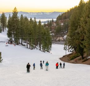 group snowshoe hikes during sunset at diamond peak