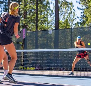 A competitive pickleball match