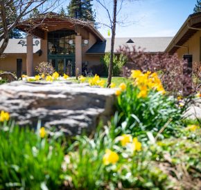rec center with spring flowers