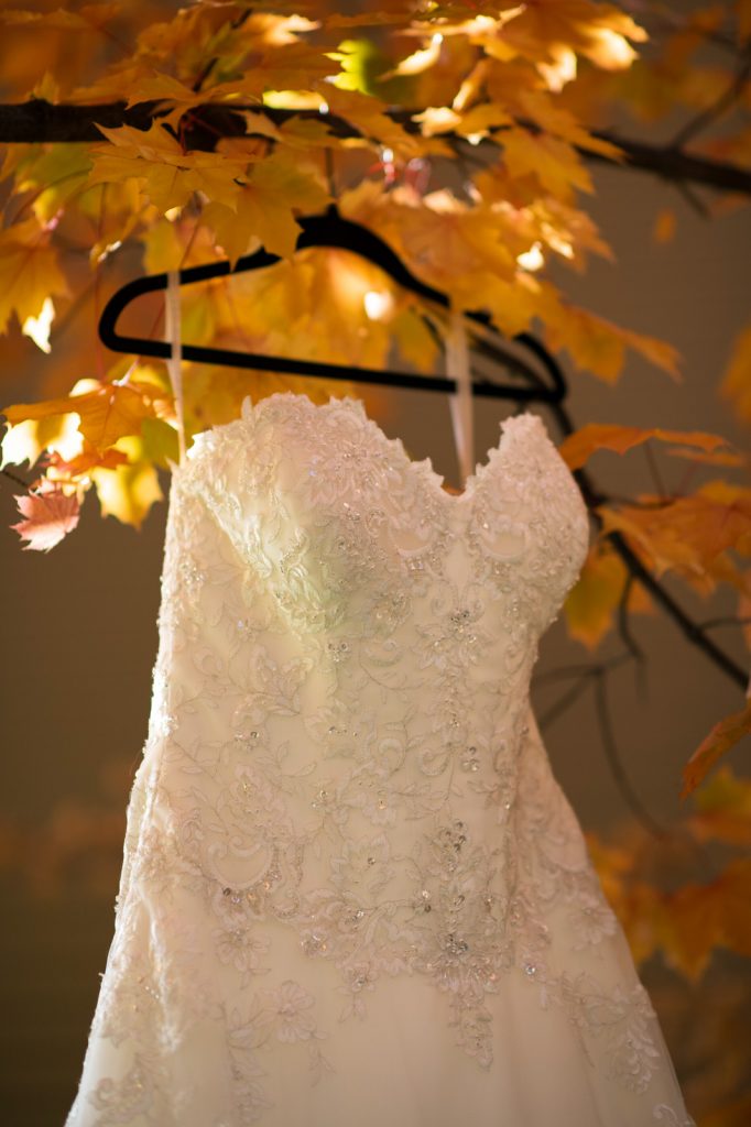wedding dress with fall leaves
