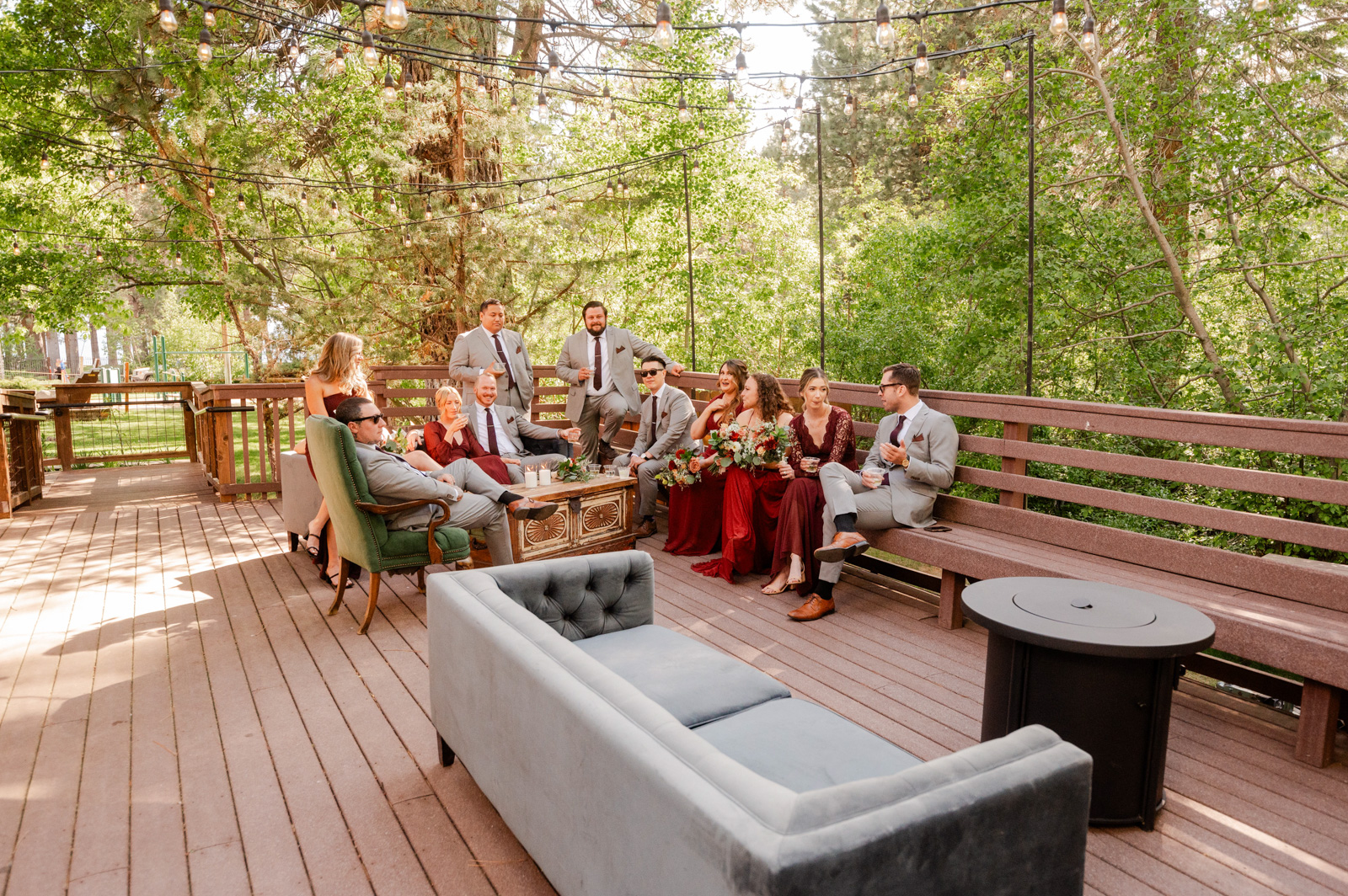 Wedding reception at Aspen Grove couches on deck