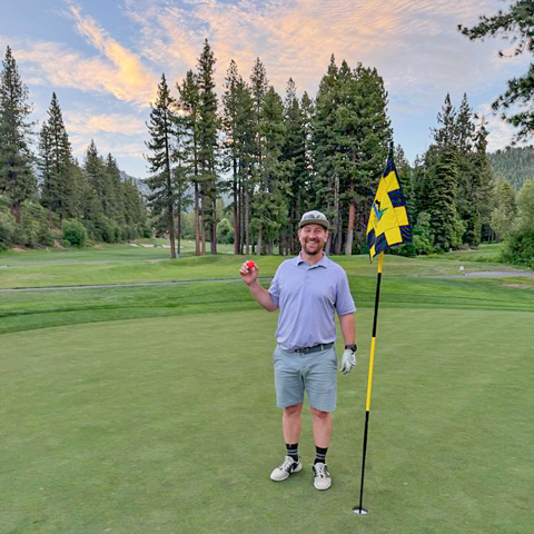 mike zanoni holding up ball on the Incline Village Championship Course