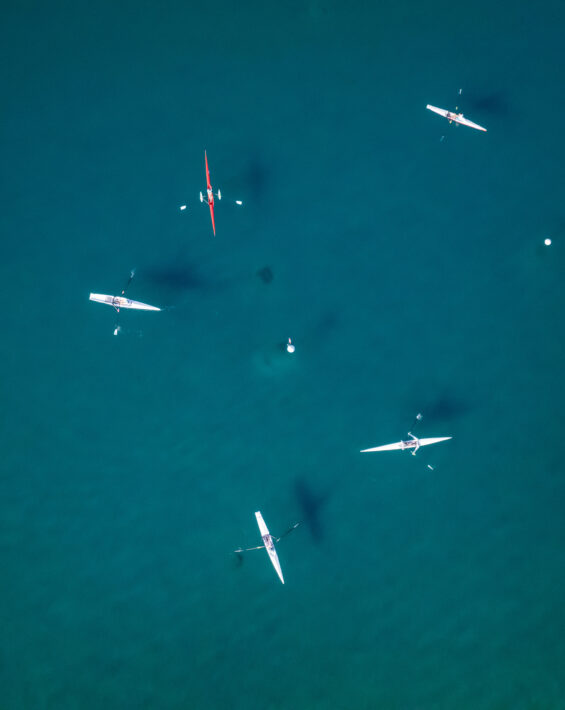 a bird's eye view of four individuals in rowing shells on the water