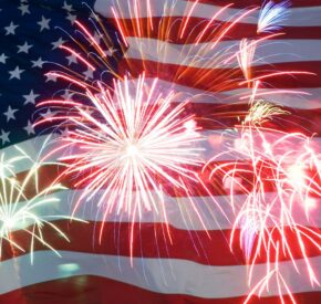4th of july graphic with flag and fireworks