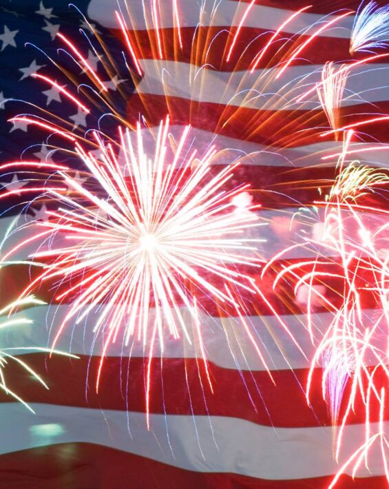 4th of july graphic with flag and fireworks