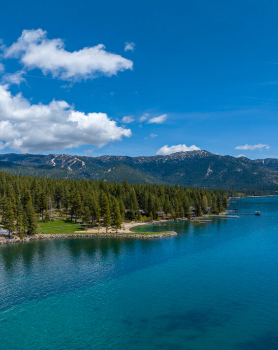 drone view of lake and mountains