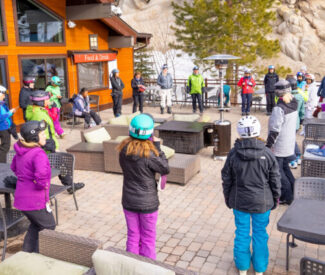 womens group ski clinic pre clinic meeting on deck