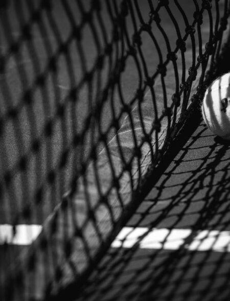 black and white tennis balll and net