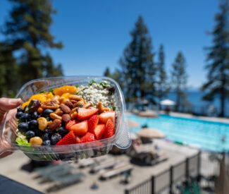 sunset salad with pool in background